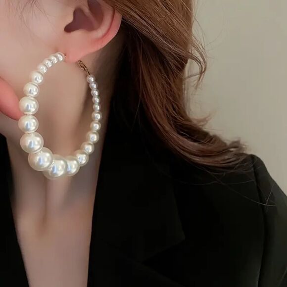 Full Faux Pearl Decor Hoop Earrings Elegant Classic Style Delicate - Picture 3 of 6